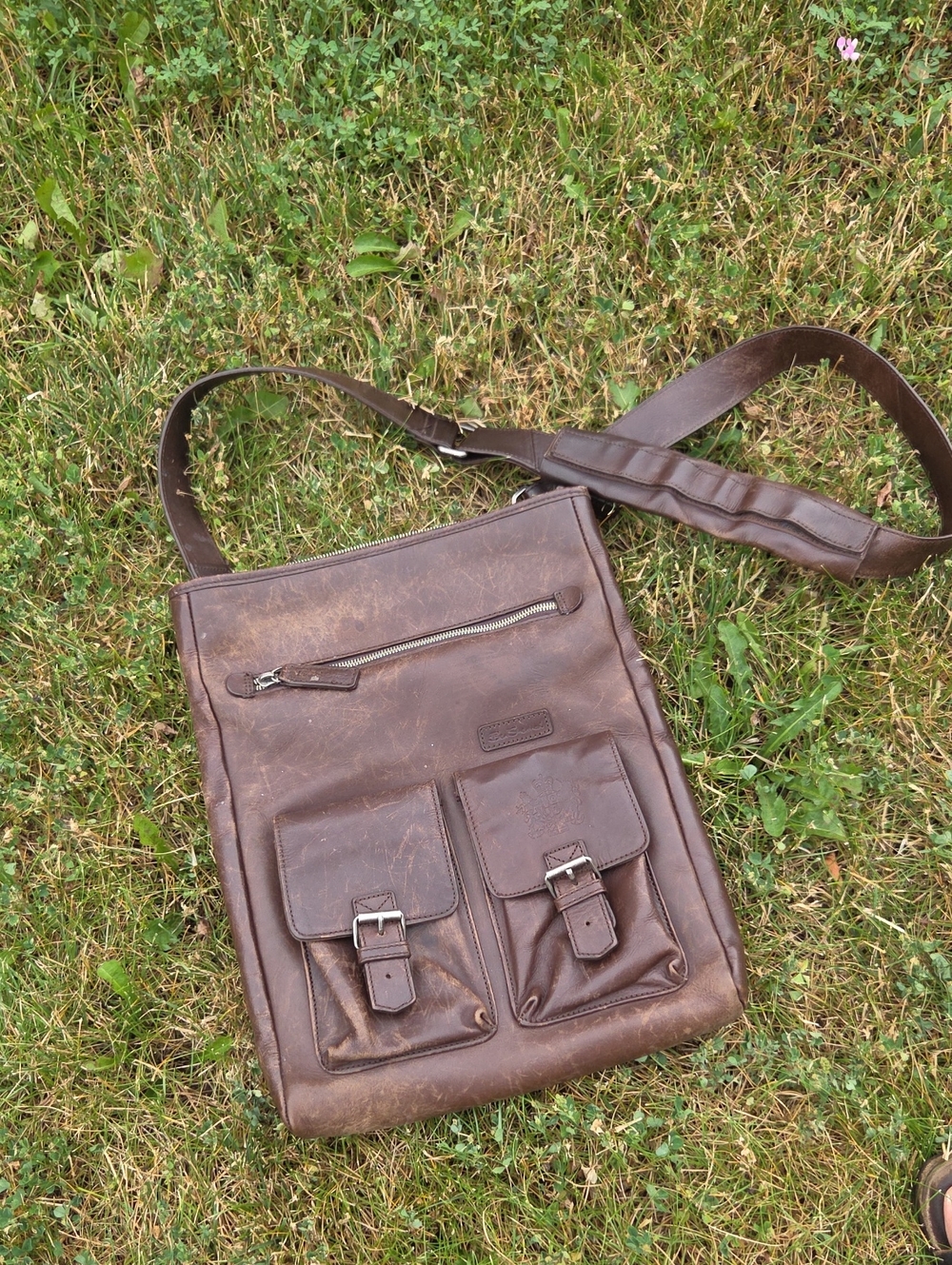 Ben Sherman Brown Leather Messenger Bag with Front Buckle Pockets